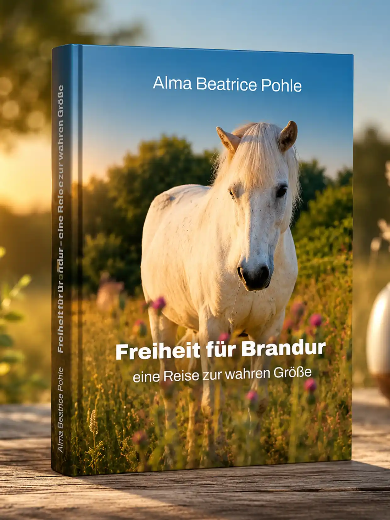 Alma_und_Nau_Test01 Vor einem warmen Gartenhintergrund steht ein weißes Pferd auf dem Buchcover „Freiheit für Brandur“ von Alma Beatrice Pohle im Sonnenlicht.