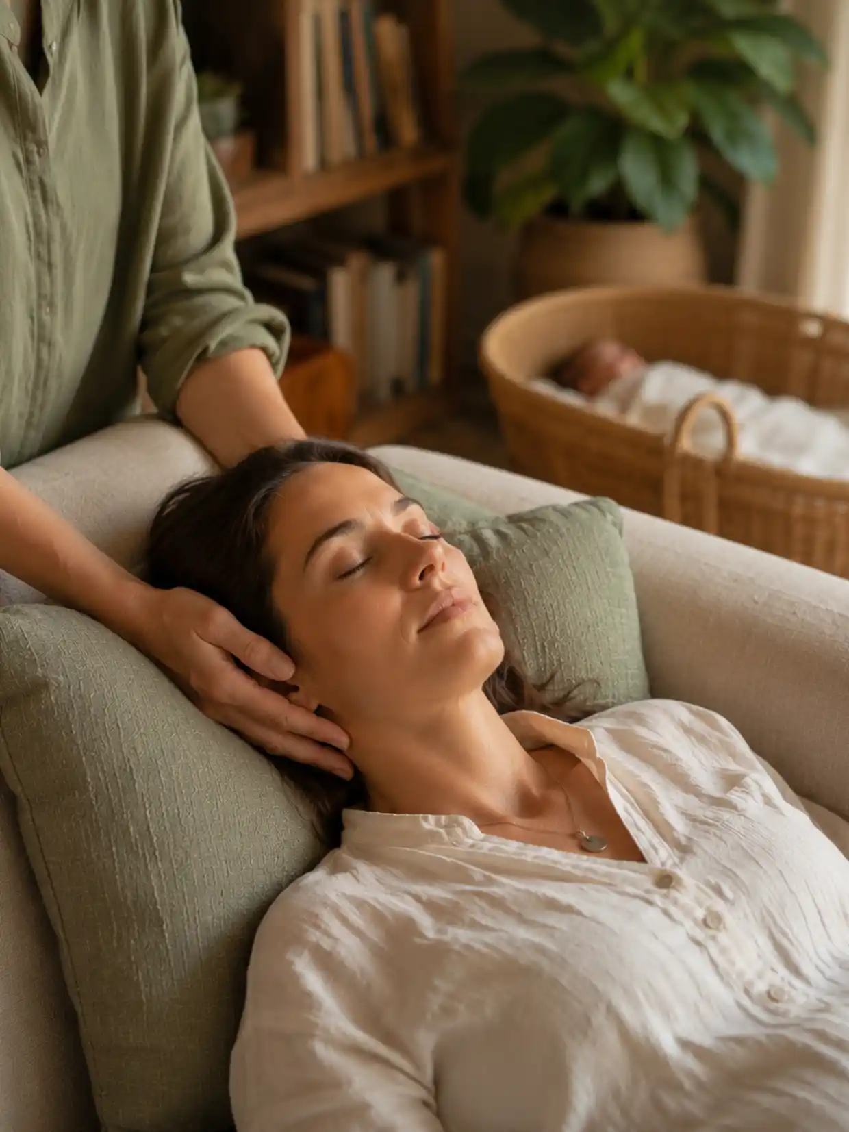 craniosacrale-therapie-behandlung-nach-geburt-alma-beatrice-pohle-mobil Während einer craniosacralen Behandlung liegt eine Frau entspannt auf dem Sofa, während eine Therapeutin ihren Kopf sanft hält und ein Baby ruht.