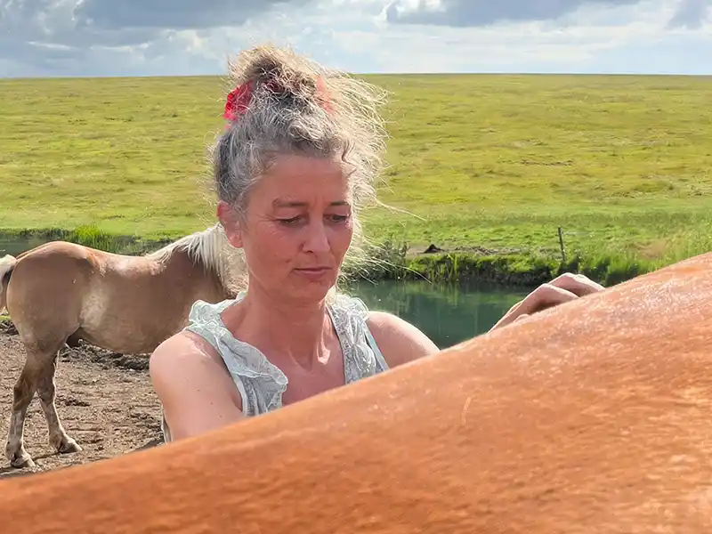 craniosacrale-therapie-pferd-behandlung-alma-beatrice-pohle-mobil Alma Beatrice Pohle behandelt auf einer Weide ein braunes Pferd, während im Hintergrund ein weiteres Pferd und ein kleiner Teich zu sehen sind.